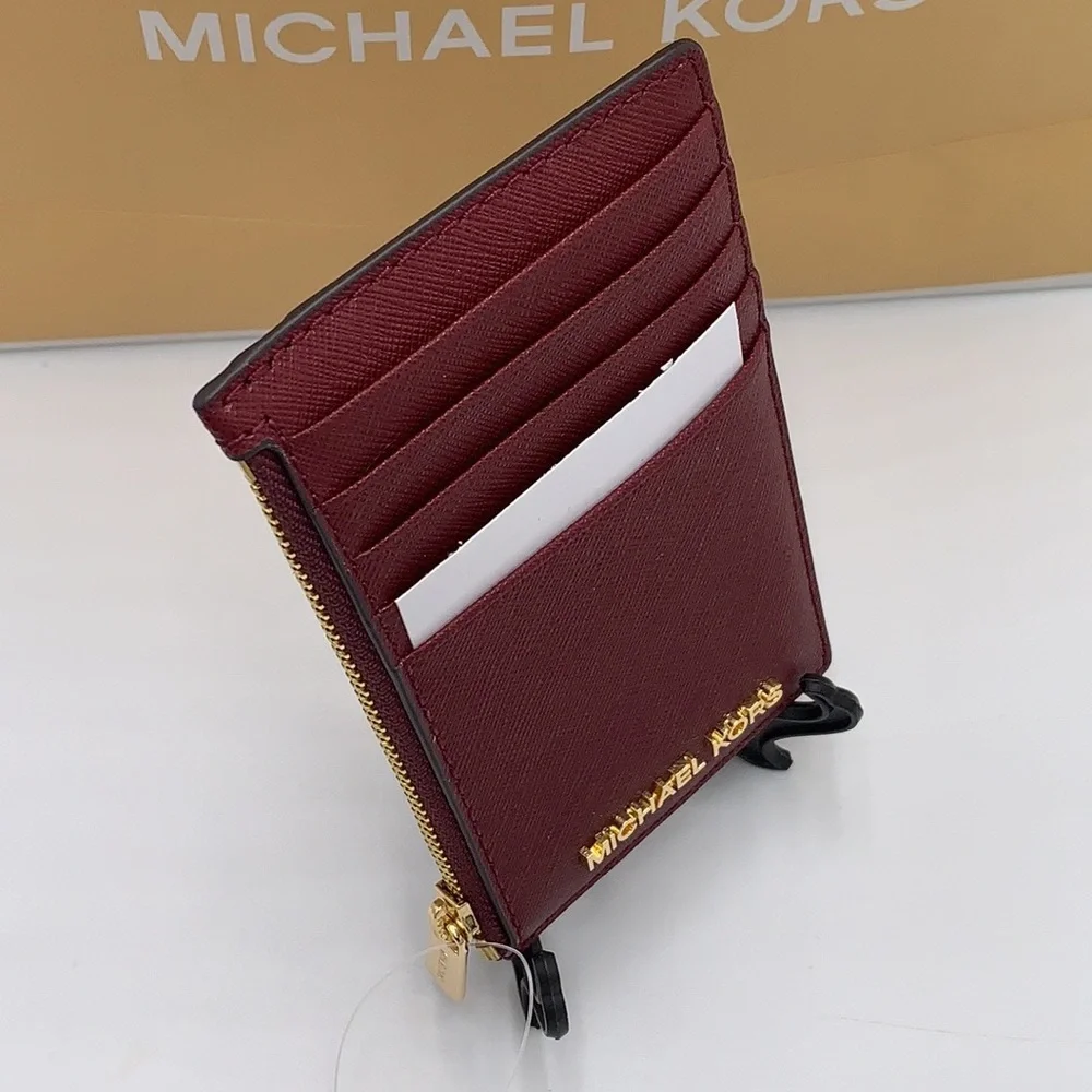 Michael Kors Jet Set Travel Medium Top Zip Card Case Wallet Dark Sherry color